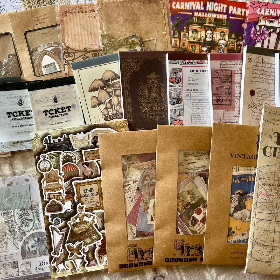 大量 紙モノ コラージュ素材まとめ売り レア シール 洋書 スタンプ マステ