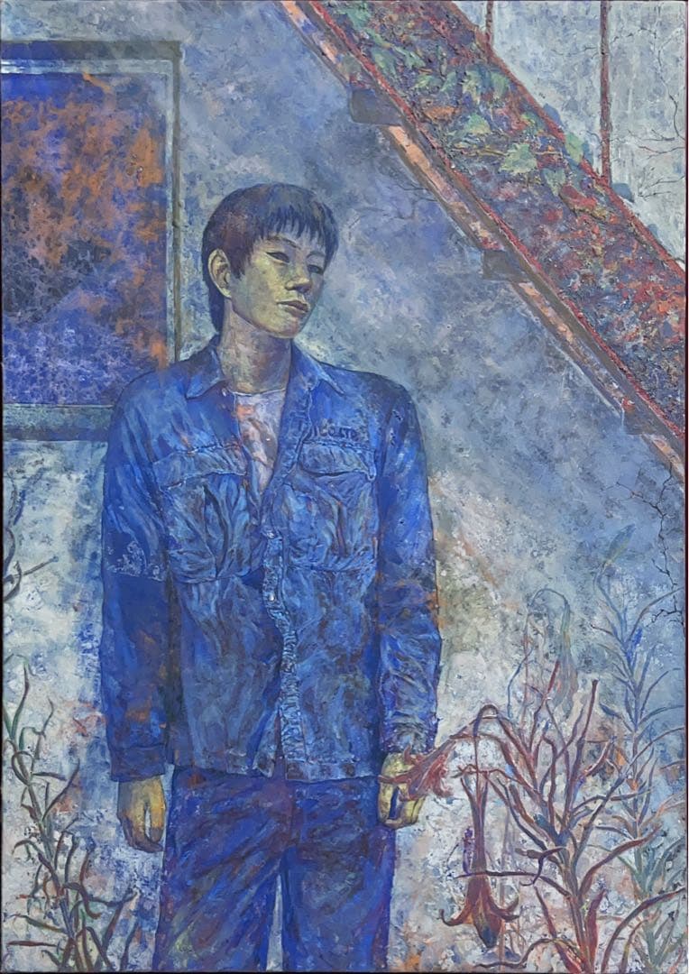 日本画　人物　青年　百合　ユリ