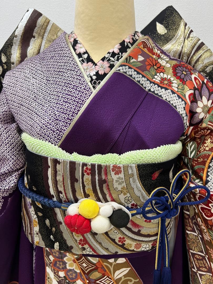 振り袖　フルセット　長襦袢　成人式　金彩加工　絞り　熨斗目　長尺袋帯　734