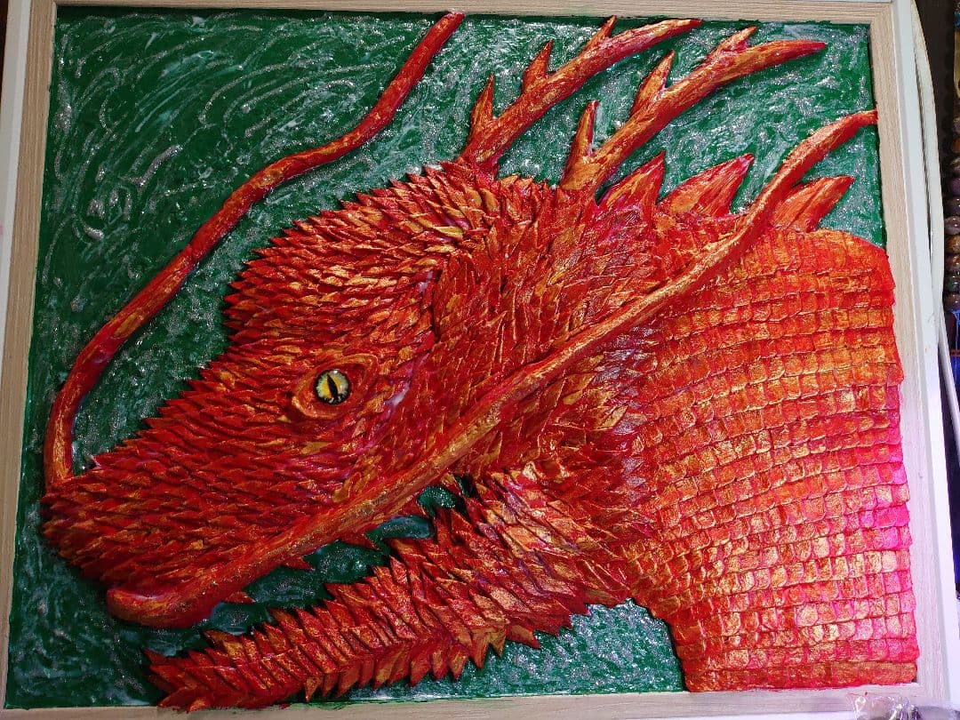 龍神 開運 和紙切り絵絵画）（赤龍 緑）【龍専門店ANDYオリジナル作品】