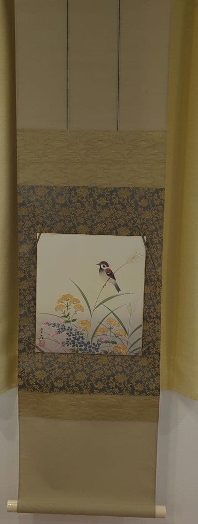 鳥と葉の水彩画 掛軸