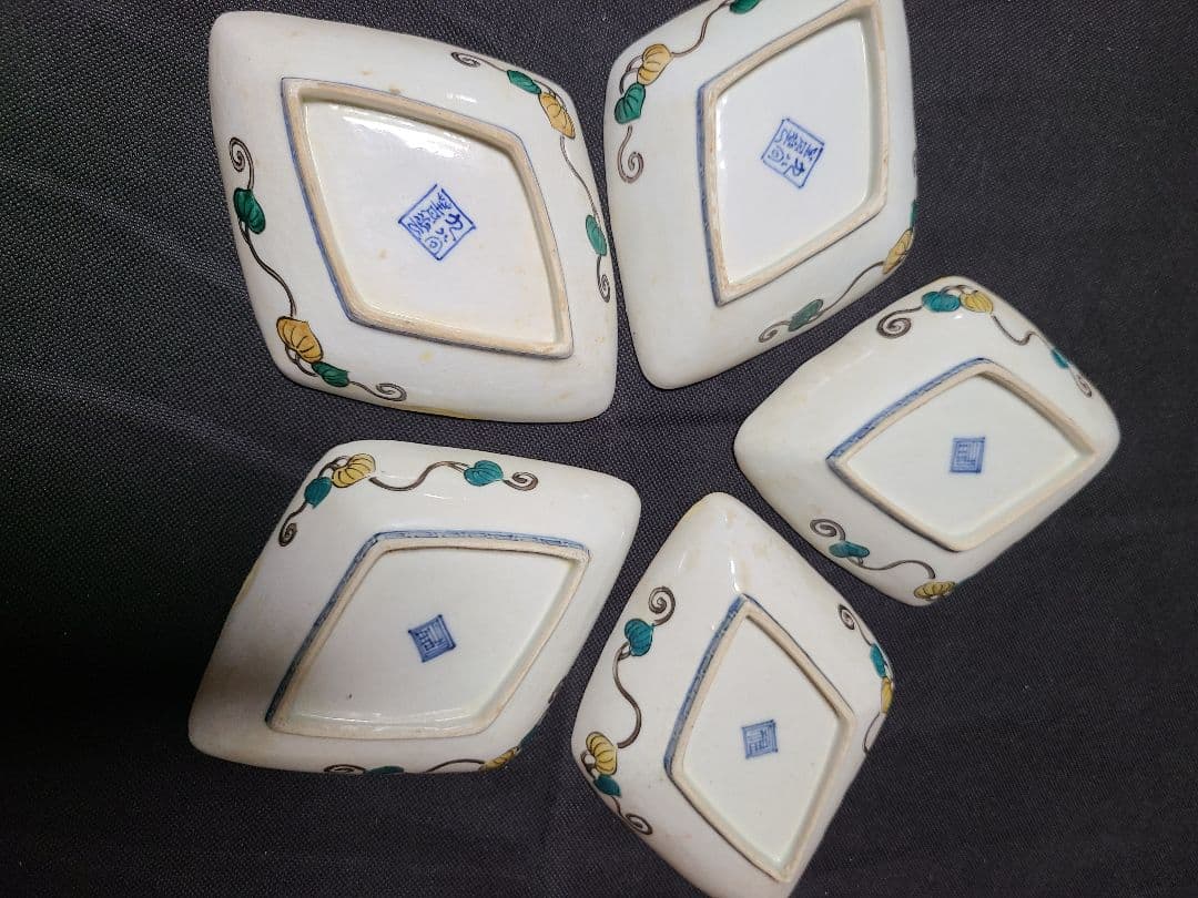 九谷焼初代須田菁華古九谷色絵菱形皿5枚
