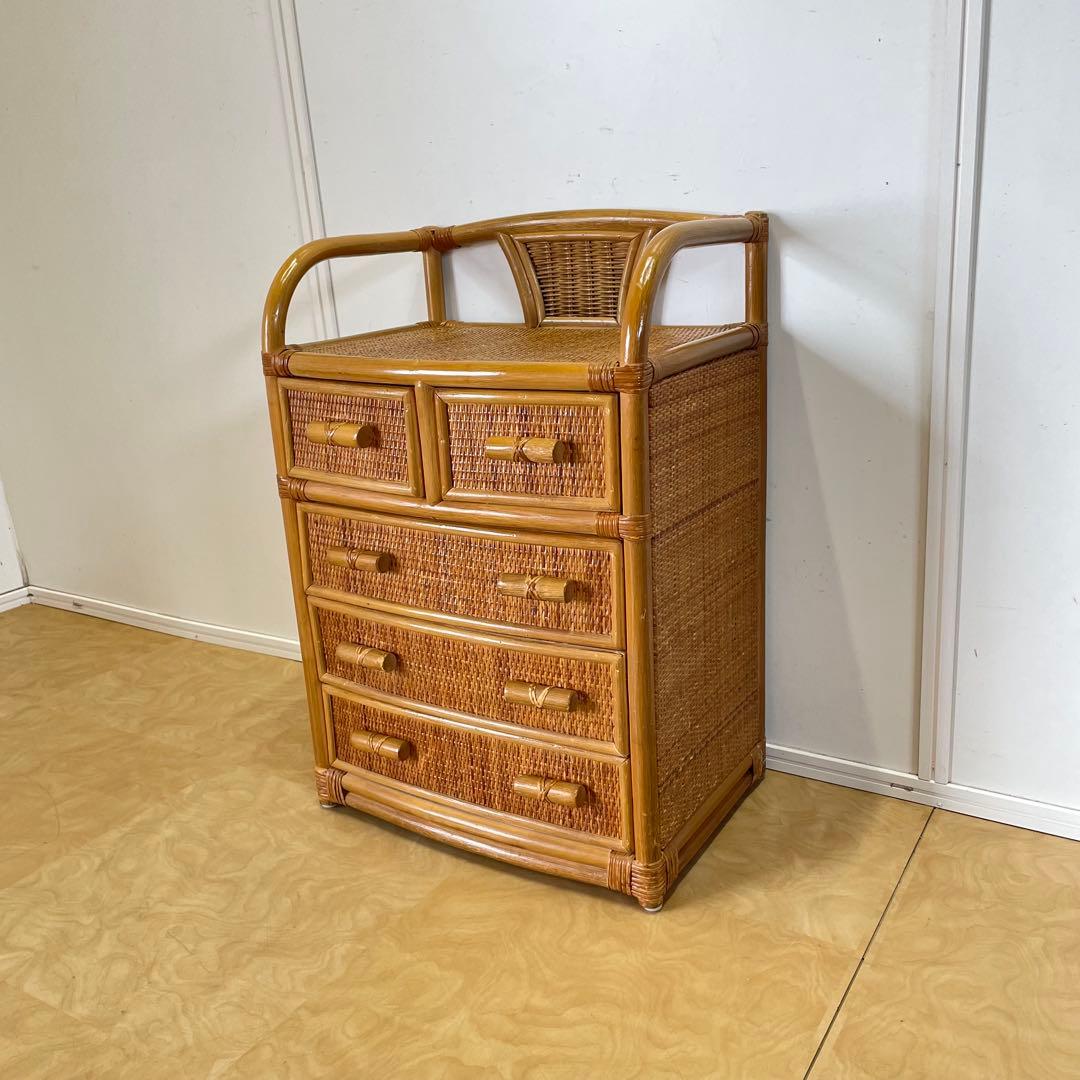 籐 ラタン 4段チェスト② 引き出し 収納 タンス 箪笥 電話台 ビンテージ
