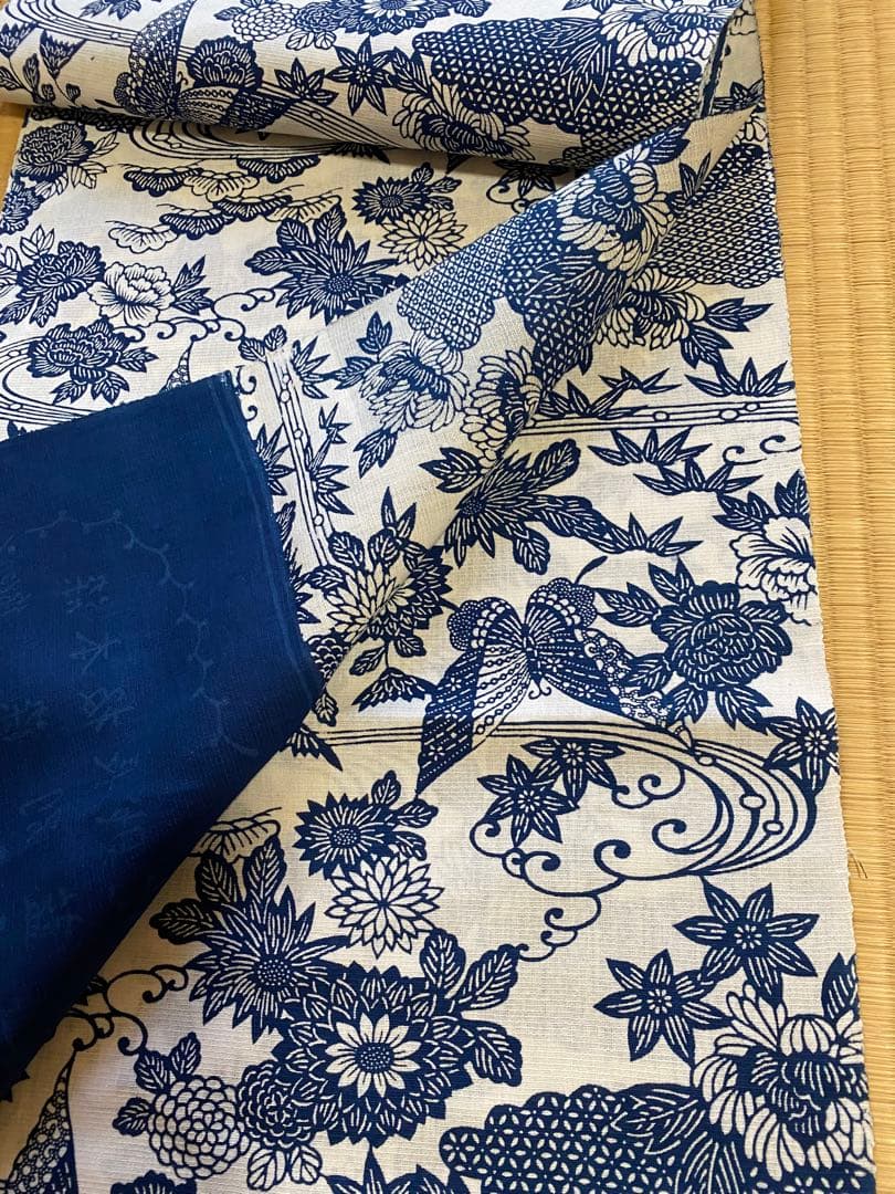 長板正藍染　浴衣　綿絽　反物　両面染め　希少　生地　大人の浴衣　襦袢　着物