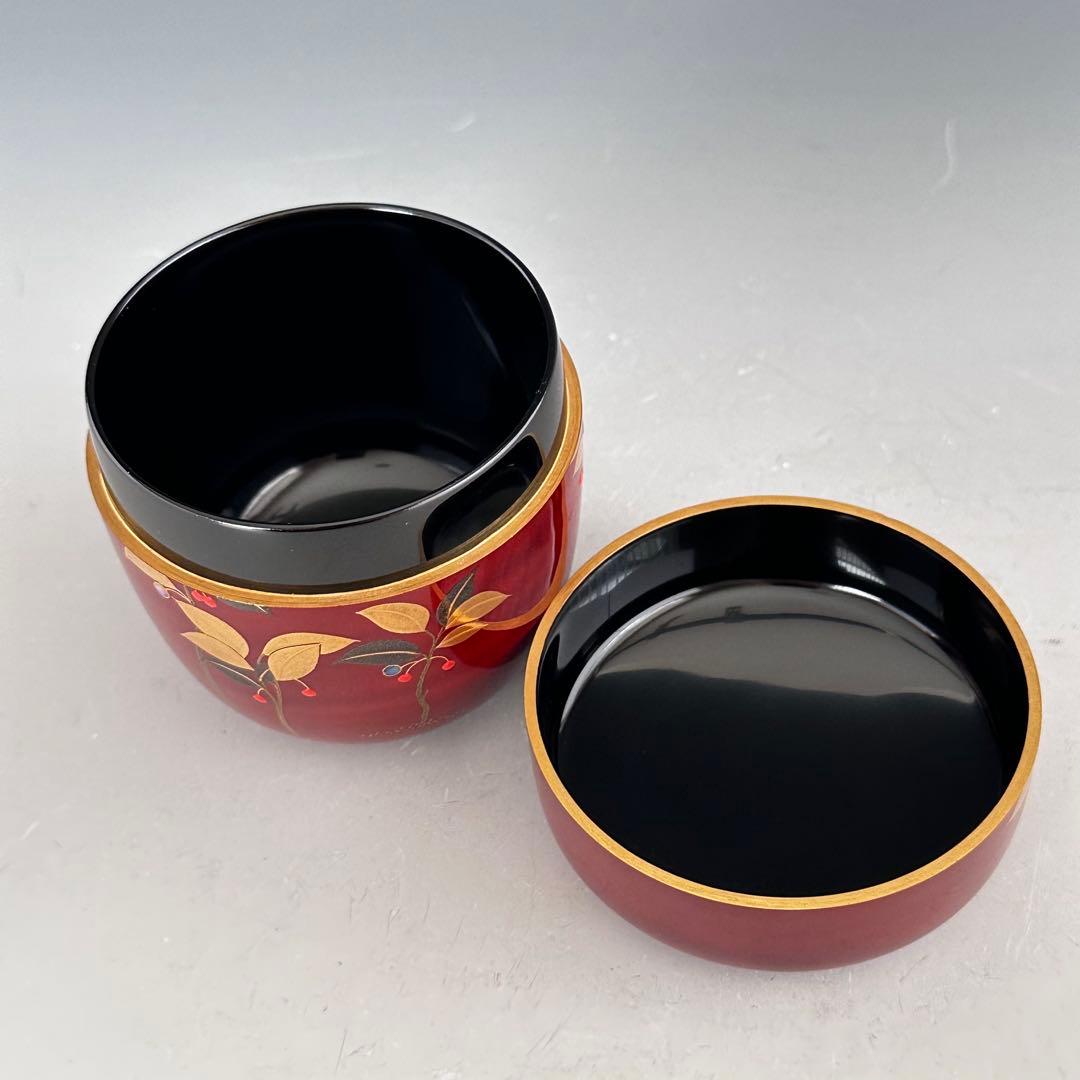 茶道具　藪柑子蒔絵　溜塗　大棗　前端春斎　共箱　漆芸　薄茶器　山中塗　茶会