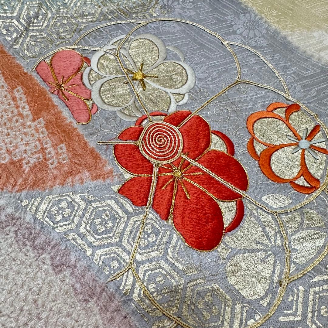 y*☆様 振袖 裄66 美しい刺繍に絞り 金駒刺繍 着物 正絹 広衿 RK-61