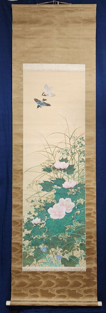【芙蓉に鳥図】三尾呉石 2692 桔梗 女郎花 秋草 掛け軸 肉筆