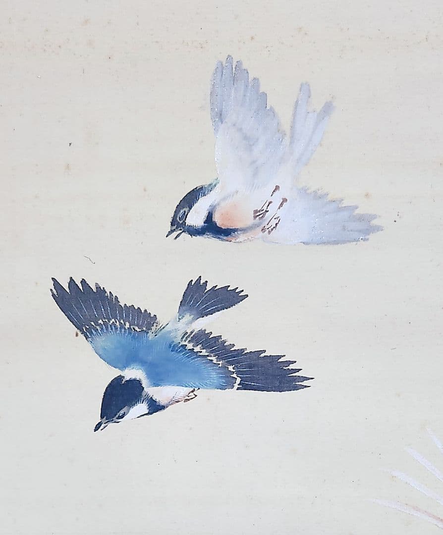 【芙蓉に鳥図】三尾呉石 2692 桔梗 女郎花 秋草 掛け軸 肉筆