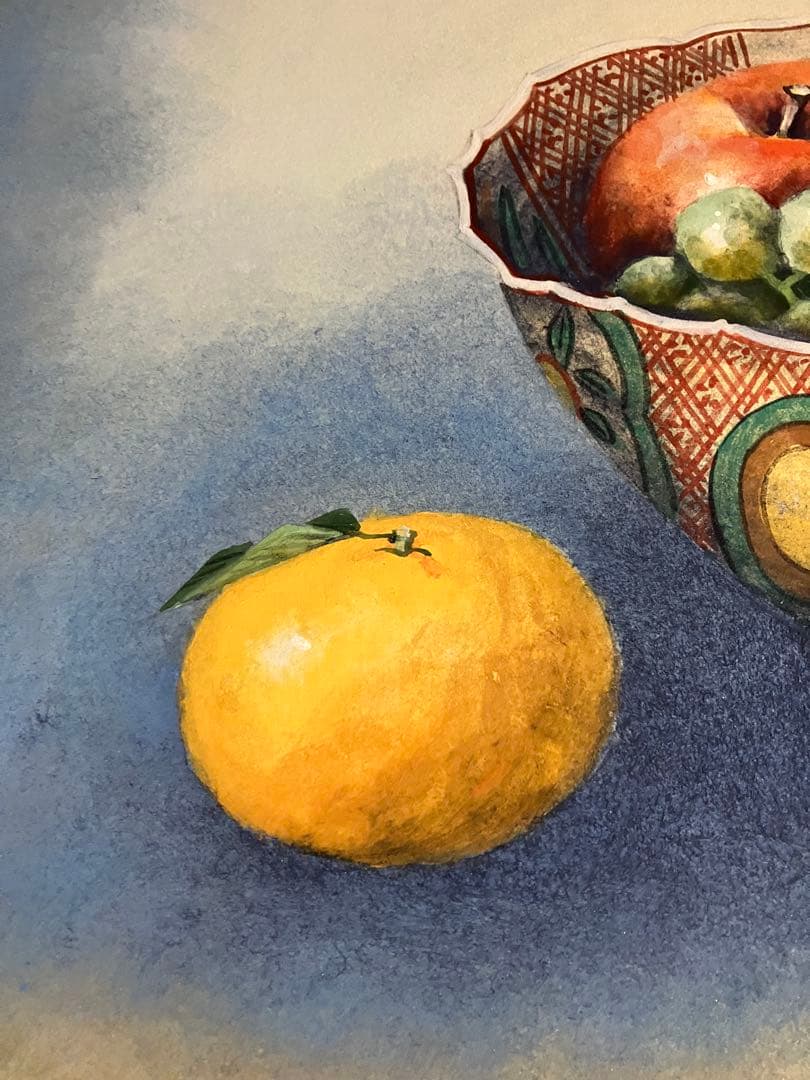 五十川昇乗　静物画 赤絵の器に果物の画　五十川頼石に師事