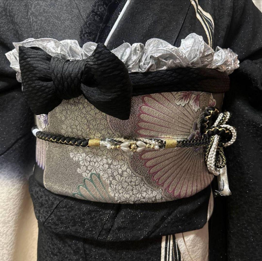 439黒白金通し　大胆華やか!!　乱菊　正絹振袖6点フルセット成人式卒業式謝恩会