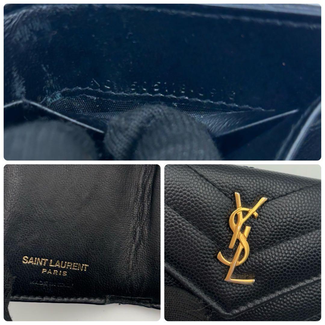 サンローラン　二つ折り　YSLロゴ　キルティング　レザー　ブラック