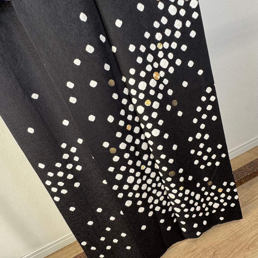 超美品　正絹　袷　訪問着　着物　164裄68 黒　絞り　小玉　金刺繍　トール