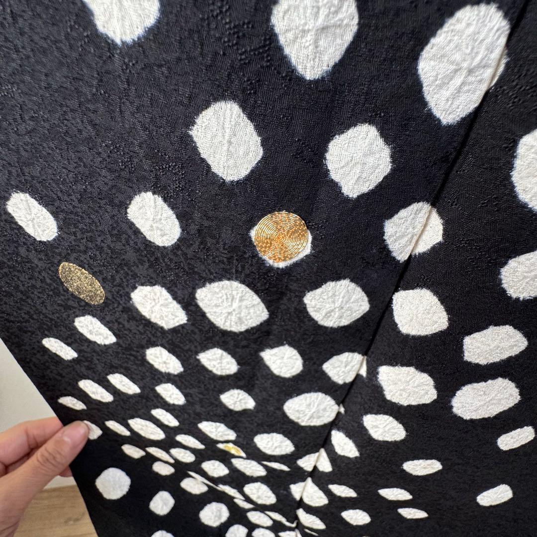 超美品　正絹　袷　訪問着　着物　164裄68 黒　絞り　小玉　金刺繍　トール
