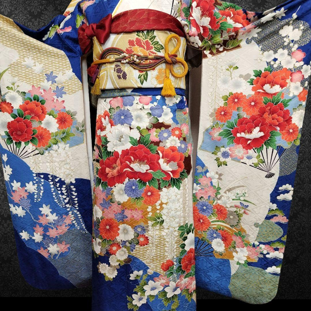 振袖フルセット(7点)・成人式・豪華牡丹刺繍・金彩加工・暈し染め・地紋・逸品