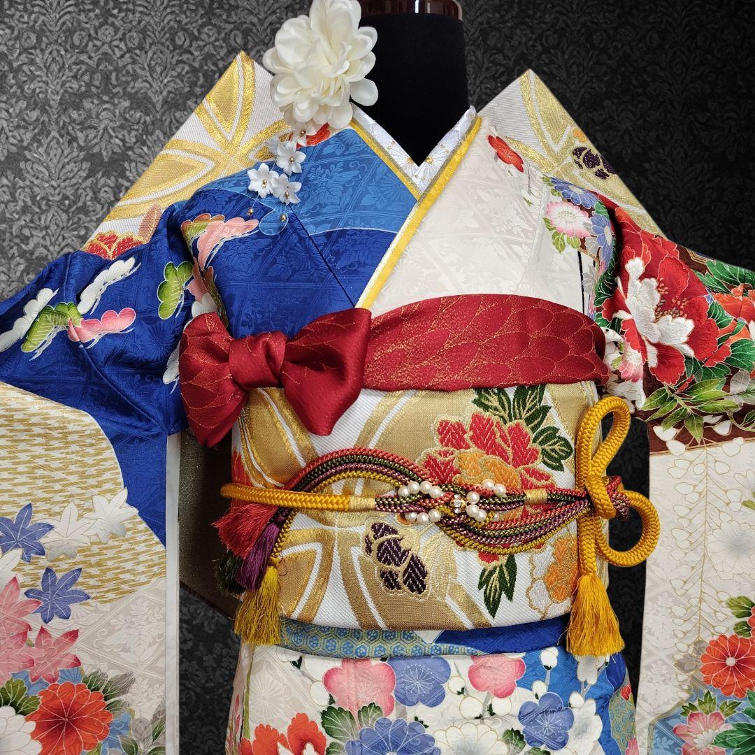 振袖フルセット(7点)・成人式・豪華牡丹刺繍・金彩加工・暈し染め・地紋・逸品