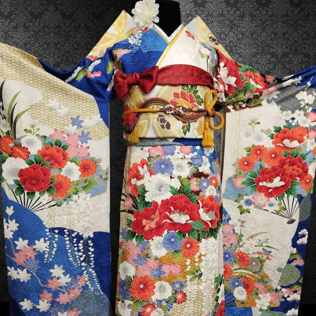 振袖フルセット(7点)・成人式・豪華牡丹刺繍・金彩加工・暈し染め・地紋・逸品