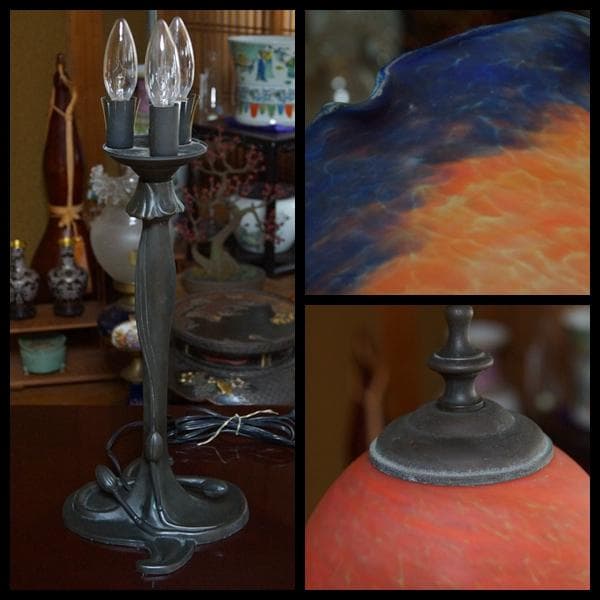 大型古風ステンドグラスランプ  花形テーブルランプ 卓上照明 高さ67㎝★時代物