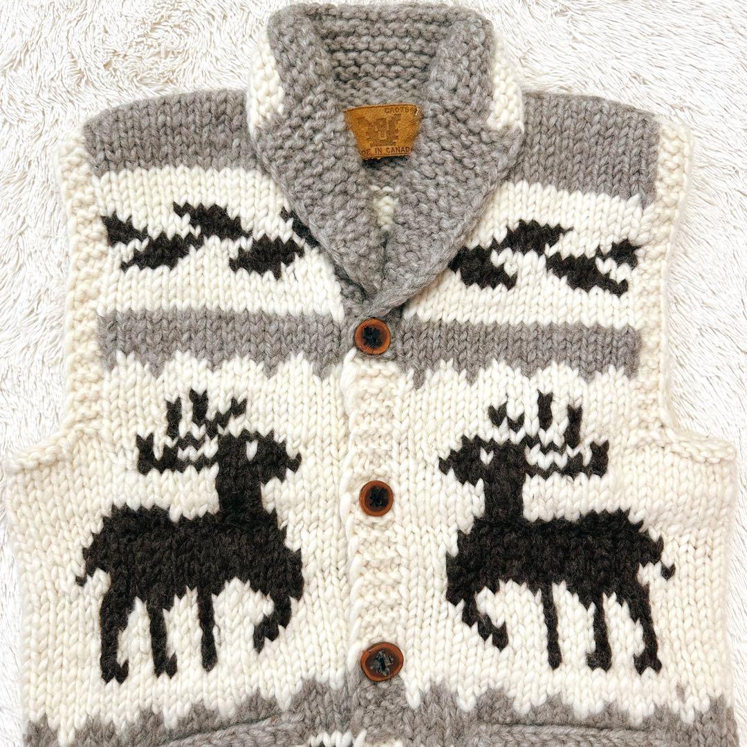美品 希少 カナダ製 カウチンベスト メープルボタン トナカイ柄 XL相当