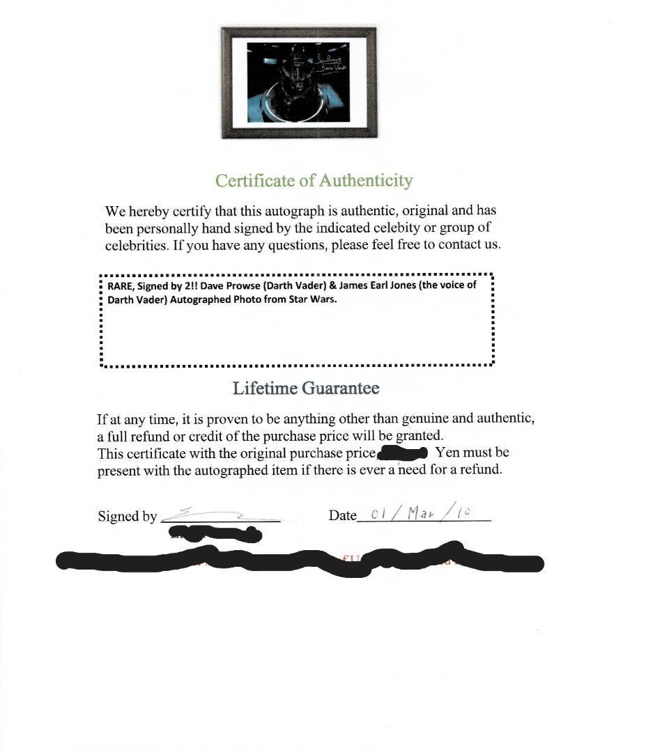 お正月セール　スターウォーズ　ダース・ベイダー　2名のサイン入り　証明書付き