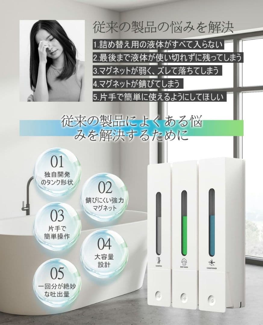 ★最終値下げ★シャンプーボトル 3室｜壁掛けタイプ 各400ML 簡単補充