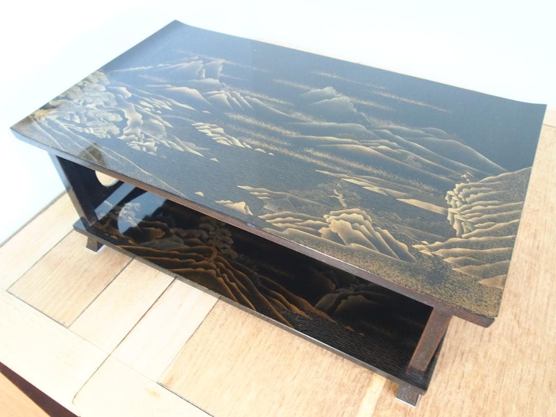 【骨董・時代の美品】大名道具 二段平卓 山水蒔絵 香炉台/盆栽台/飾り台/花台