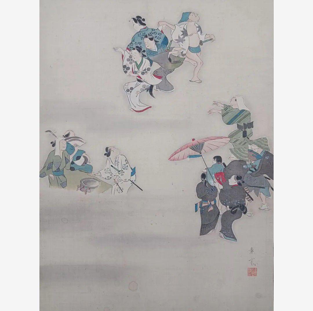 【希少】慰霊 盆踊 舞 月夜神楽 絵 掛軸 仏教 日本画美術 骨董品 インテリア