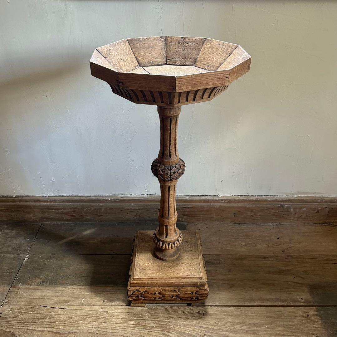 フランスアンティーク 剥離 木製バードバス 花台 スタンド 回転式　回転台