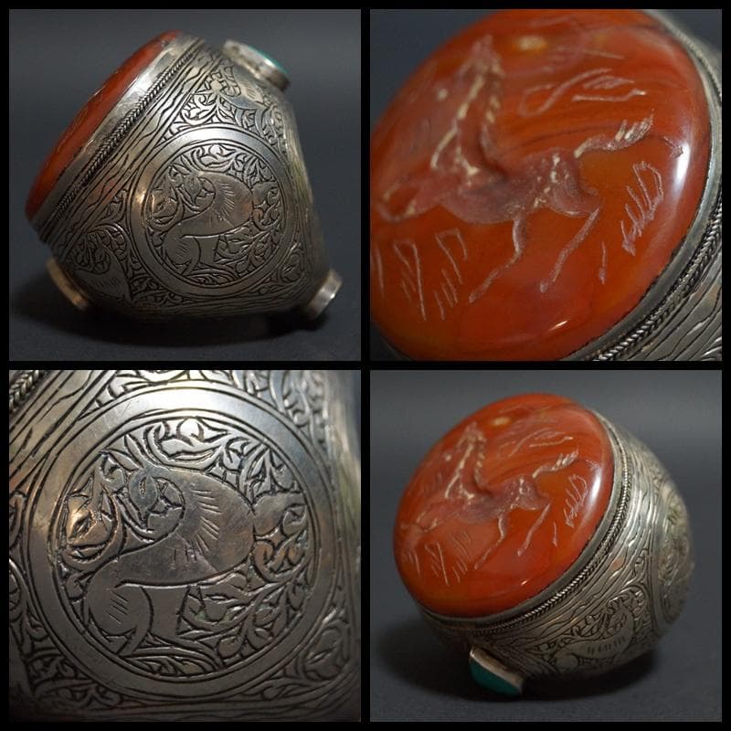 ササン朝ペルシャ期ジュエリーカーネリアン馬柄インタリオ/アマゾナイト象嵌銀製指輪