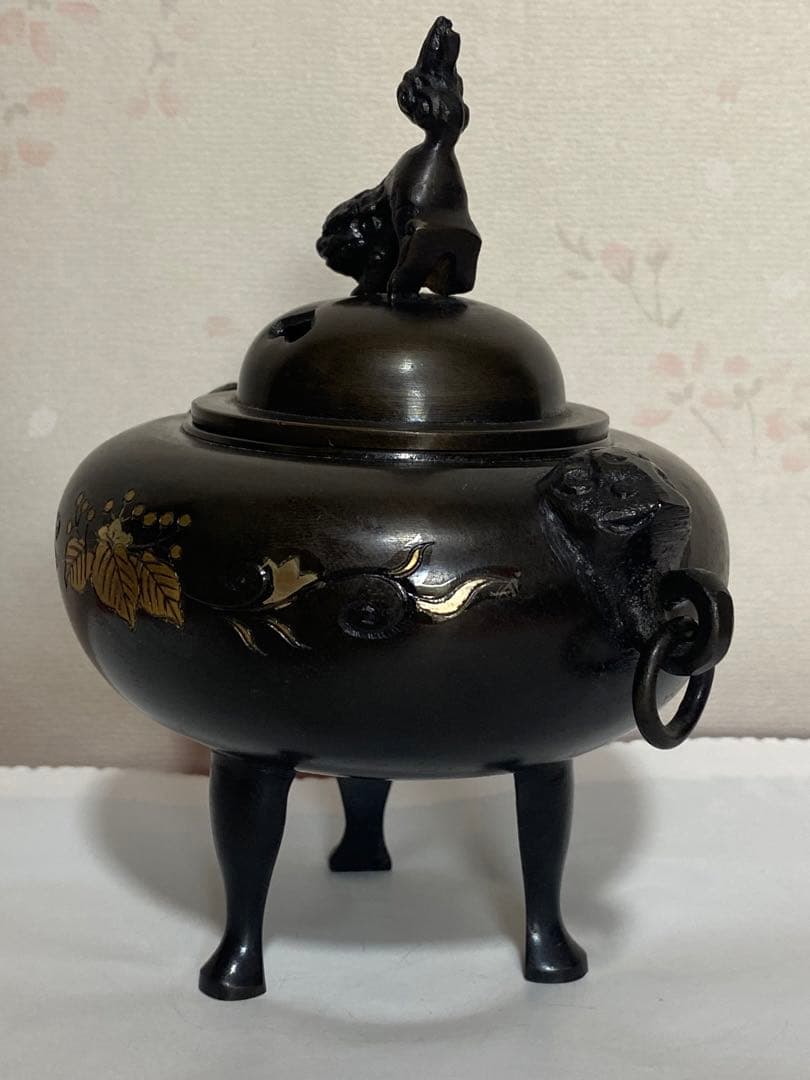 ♦獅子飾り 自在遊環 三足香炉 高岡銅器 銅製 唐金 香道具 置物 飾り 骨董品