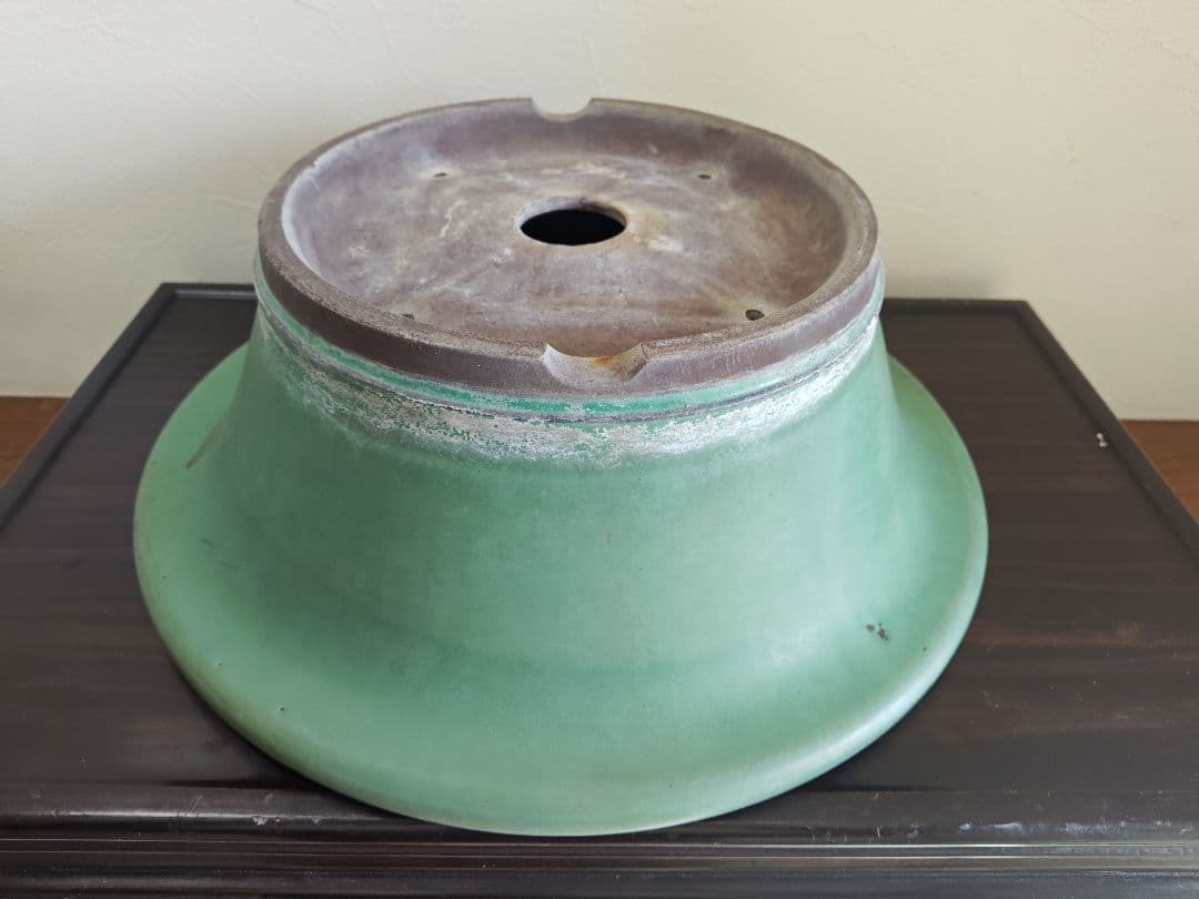 緑色の円型陶器製盆栽鉢 約42cm×15cm
