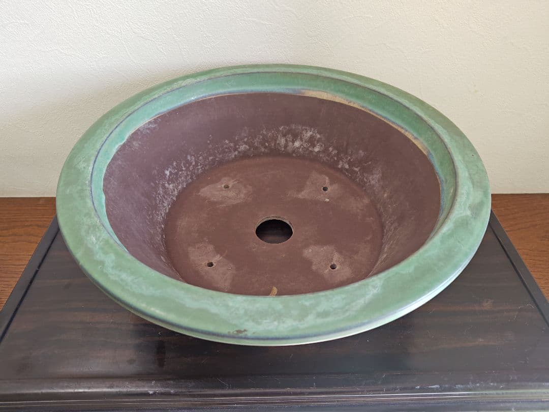 緑色の円型陶器製盆栽鉢 約42cm×15cm