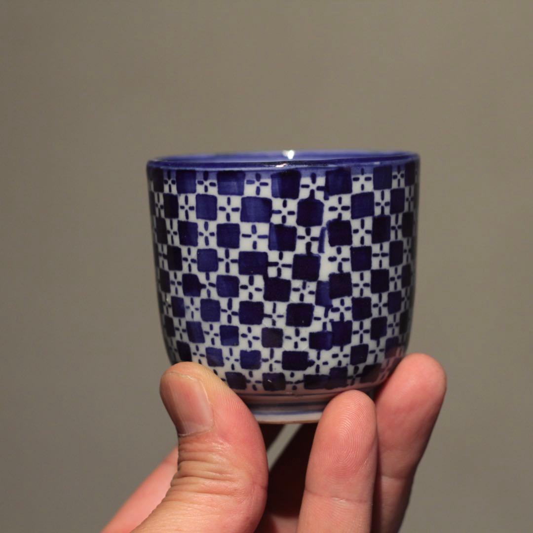 市松文様 筒盃 明治 印判 酒器 ぐい呑み 古美術 古道具 アンティーク