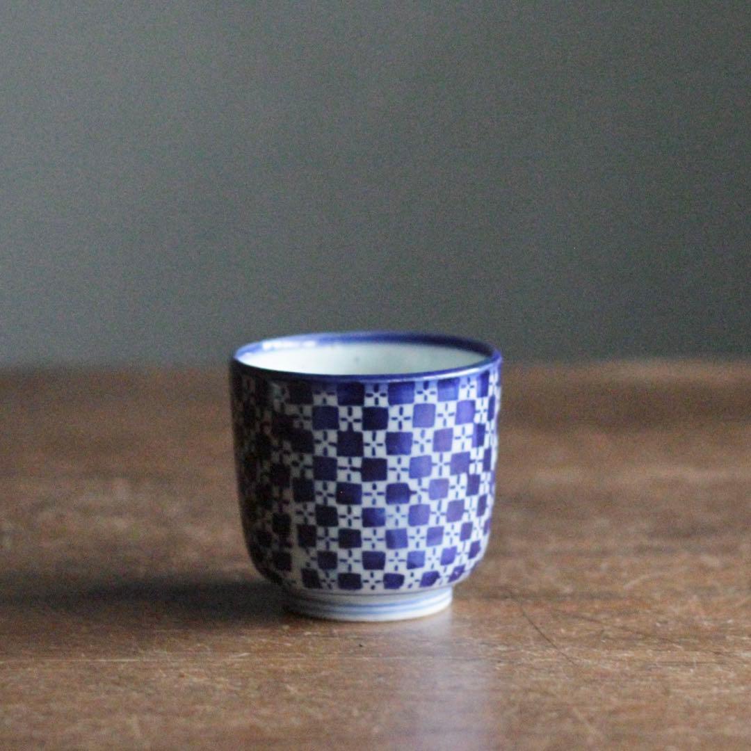 市松文様 筒盃 明治 印判 酒器 ぐい呑み 古美術 古道具 アンティーク