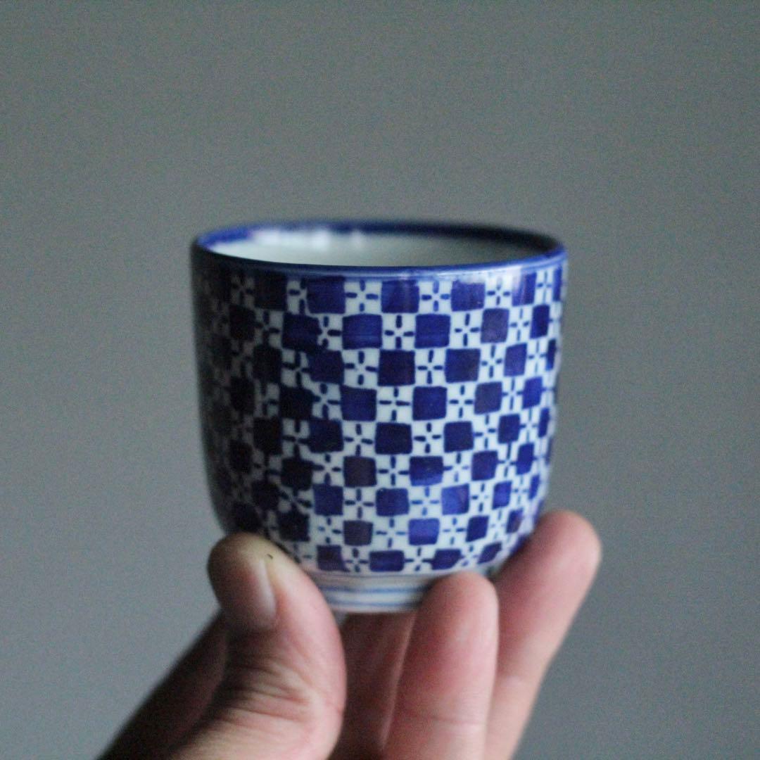 市松文様 筒盃 明治 印判 酒器 ぐい呑み 古美術 古道具 アンティーク