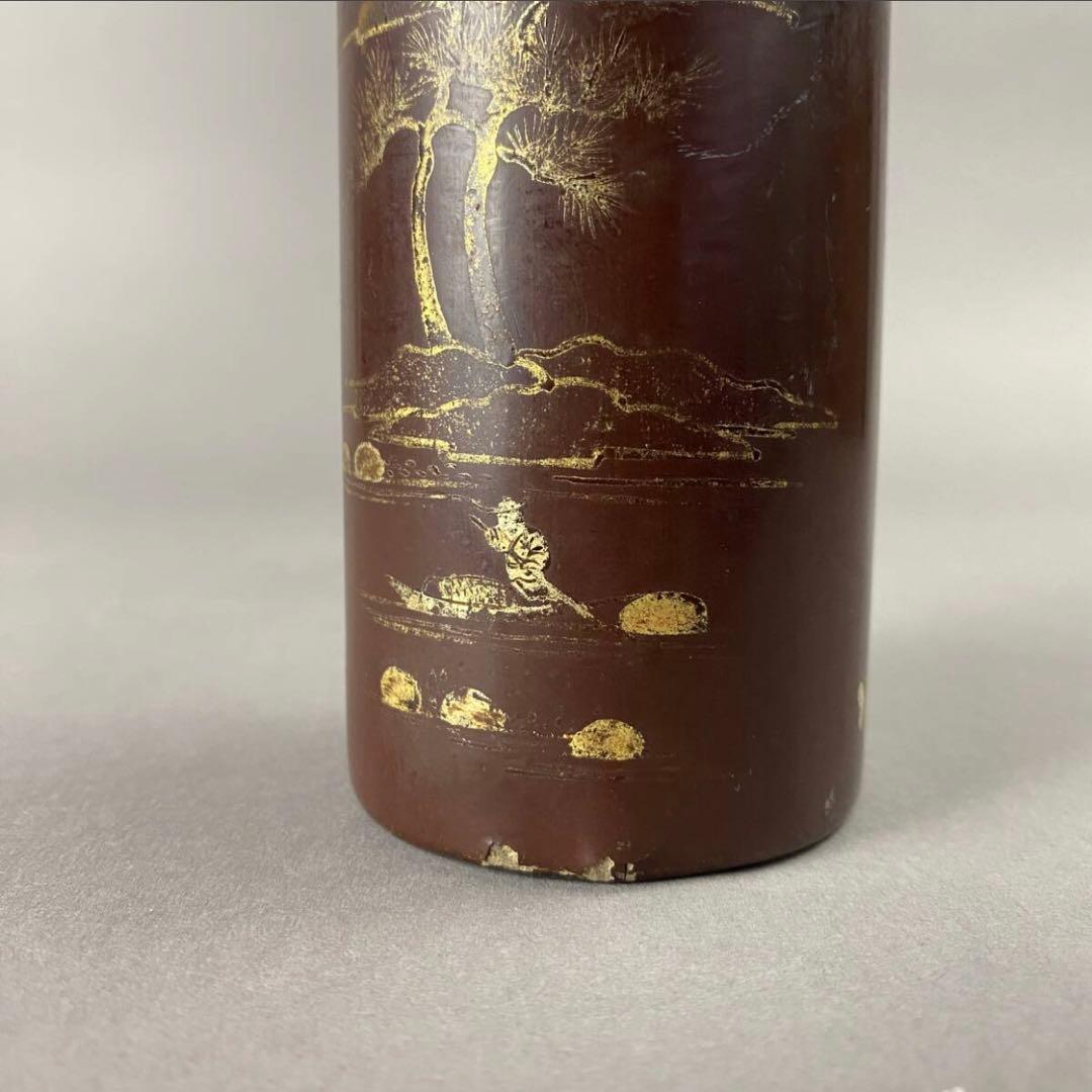 清~民国 黒漆金彩山水紋筆筒 X-85