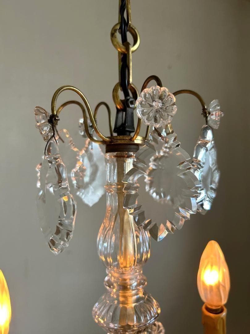 フランスアンティーク　シャンデリア　３灯　ガラスドロップ　シャビー　店舗什器