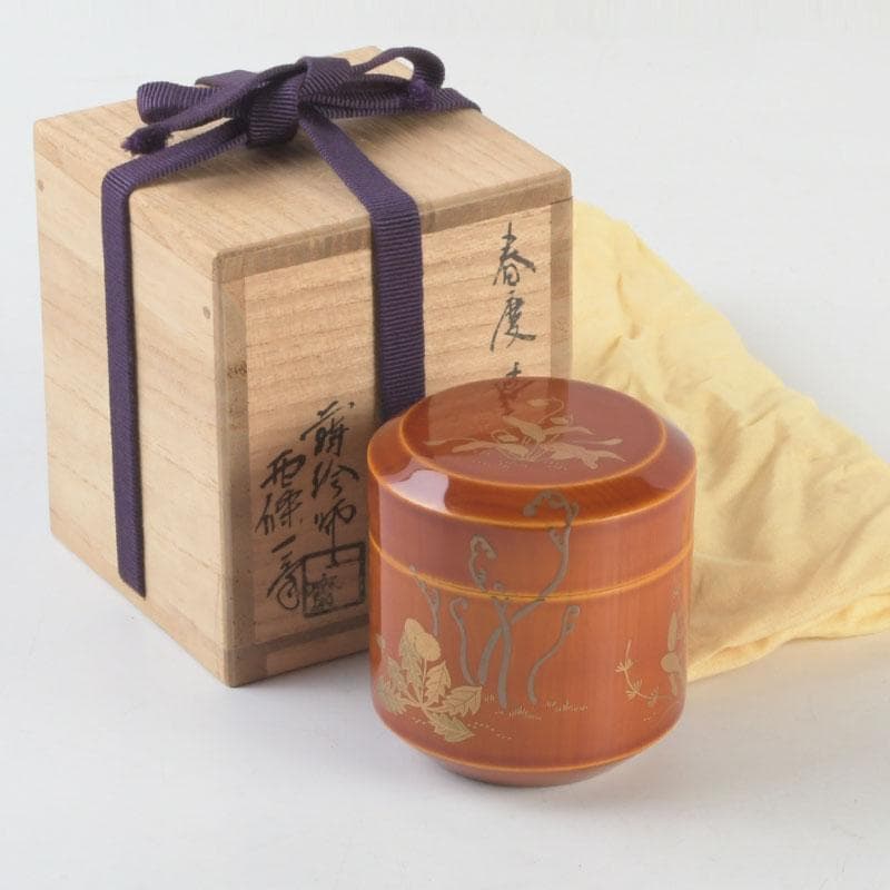 茶道具　蒔絵師　西條一斎作　春慶塗　春草蒔絵　棗　共箱　V　9301