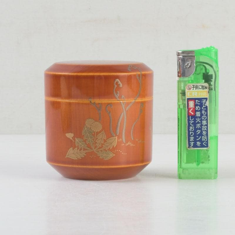 茶道具　蒔絵師　西條一斎作　春慶塗　春草蒔絵　棗　共箱　V　9301