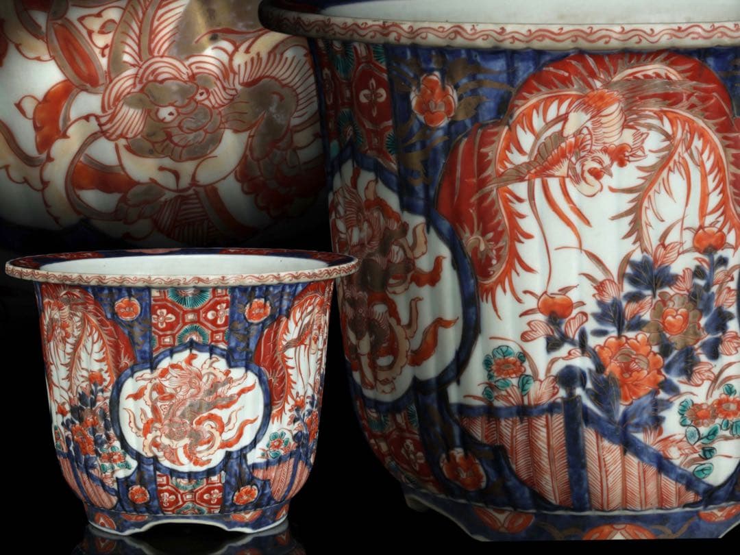 古伊万里 錦手丸鉢 色絵窓絵 鳳凰獅子文 植木鉢 蘭鉢 盆栽鉢 古美術 骨董品