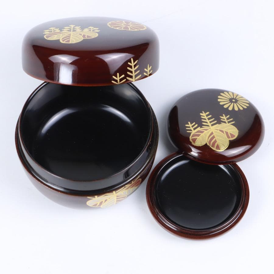 Y3104-2 高台寺蒔絵 茶箱セット 赤絵茶碗 棗 他 紙箱付　BBB