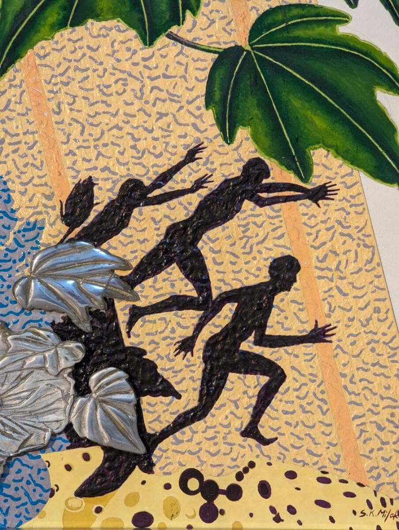 【真作】絵画　ミクストメディア8号　エネルギッシュな構図と立体装飾　　V195