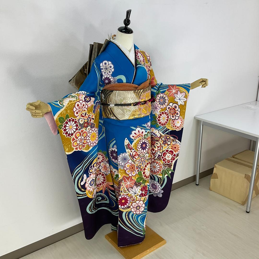 お振袖フルセット　7点セット　トールサイズ　青　本格現代古典　正絹　美品