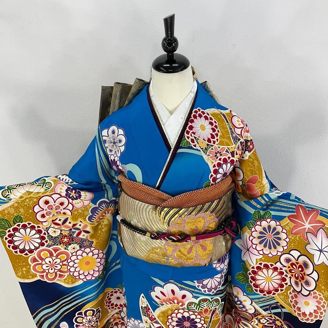 お振袖フルセット　7点セット　トールサイズ　青　本格現代古典　正絹　美品