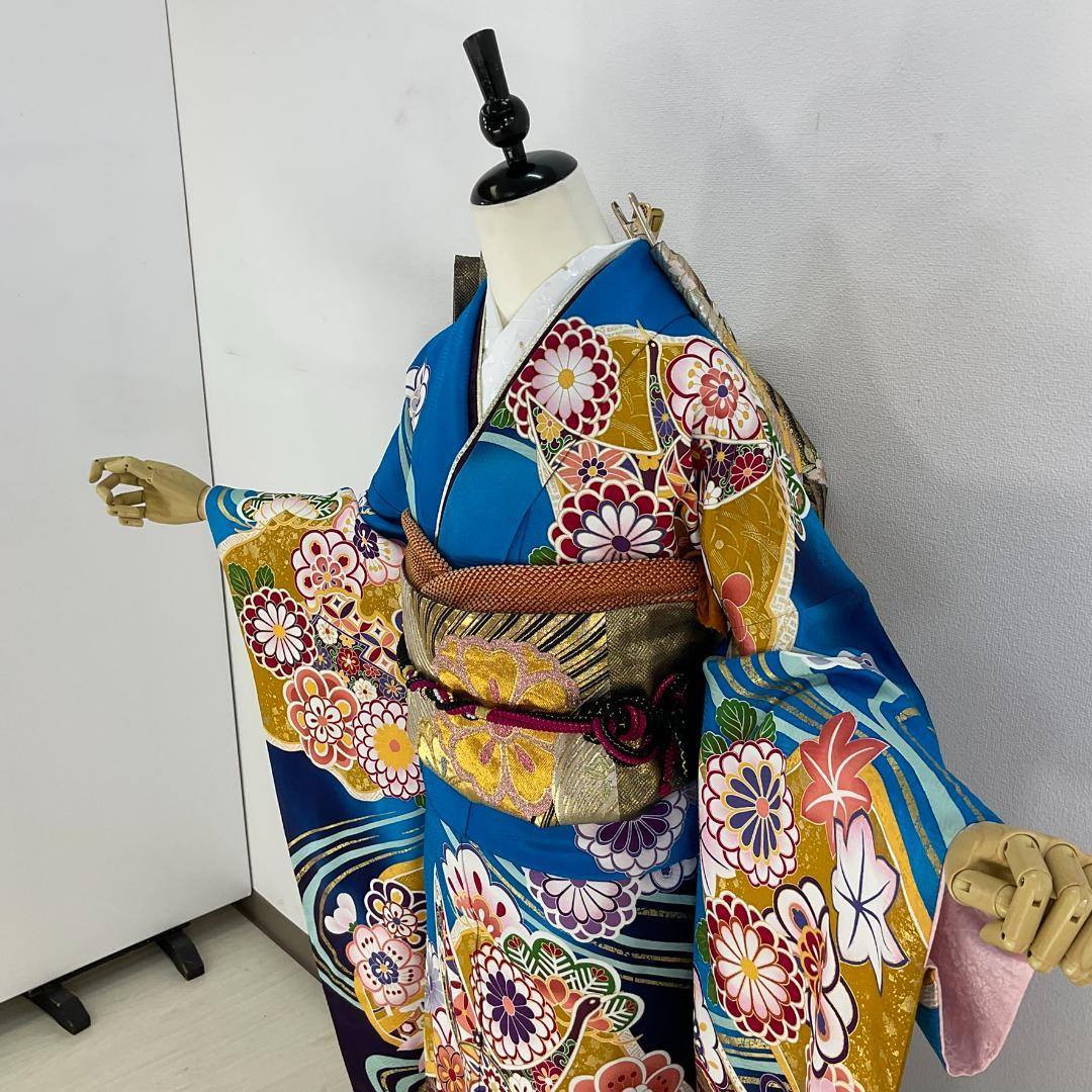 お振袖フルセット　7点セット　トールサイズ　青　本格現代古典　正絹　美品