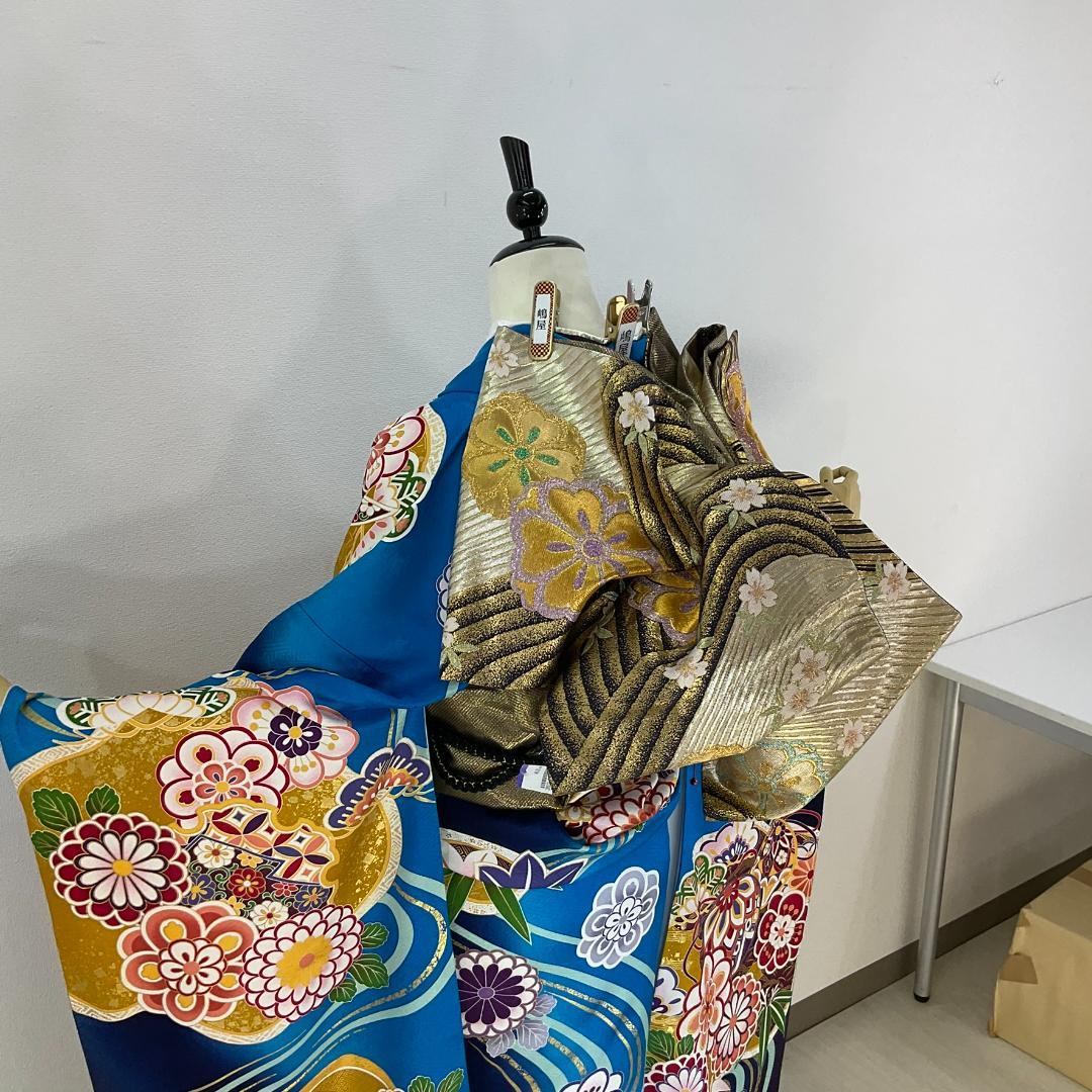 お振袖フルセット　7点セット　トールサイズ　青　本格現代古典　正絹　美品