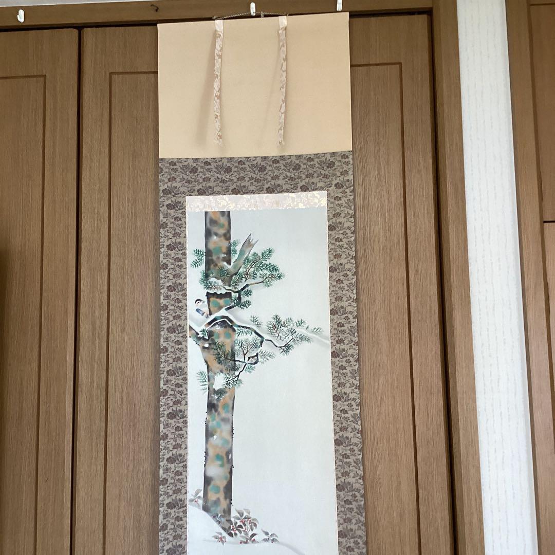 池田桂月筆　　酒井抱一写　【　12月 檜に啄木鳥図　】彩色画絹本掛軸　　462