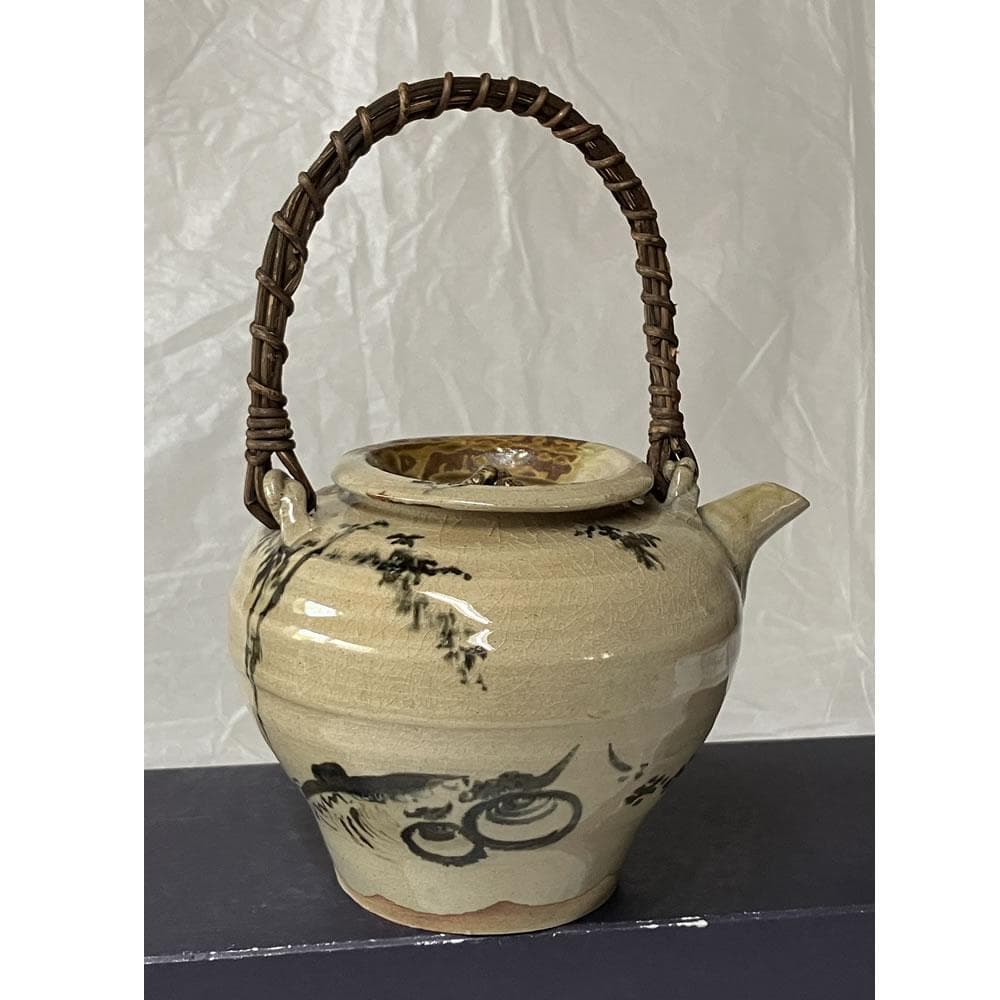 p015 古高取 急須 宝珠 魚 画 霊芝 摘み 茶道具