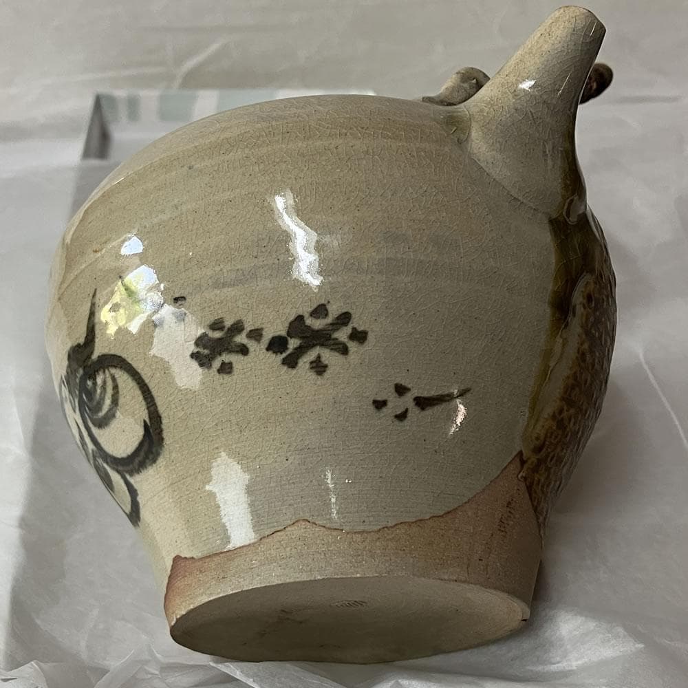 p015 古高取 急須 宝珠 魚 画 霊芝 摘み 茶道具