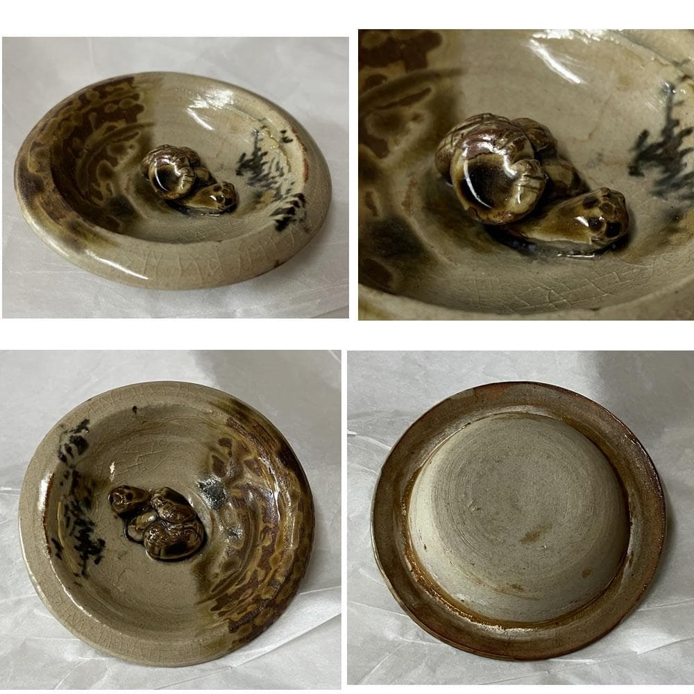 p015 古高取 急須 宝珠 魚 画 霊芝 摘み 茶道具