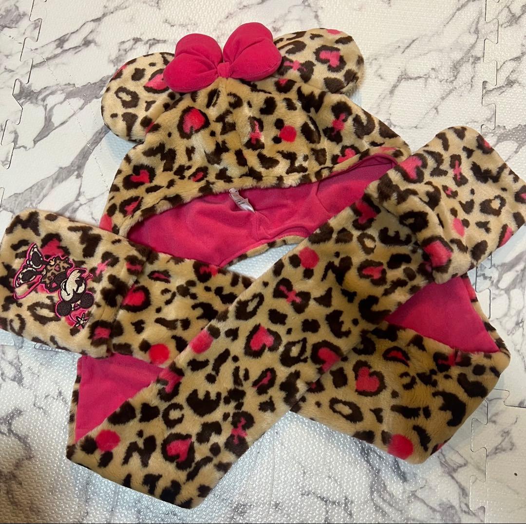 値下げ！！ミニーマウス ヒョウ柄マフラーキャップ⭐︎美品